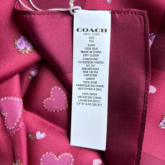 COACH 100% Silk Hearts Print Square Scarf Handkerchief Bandana Pink Red - Picture 5 of 5